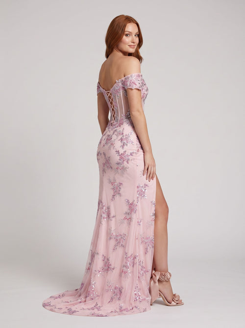 Blush Pink Tulle column Off-the-Shoulder Corset Back Floor-Length Dress with Side Slit