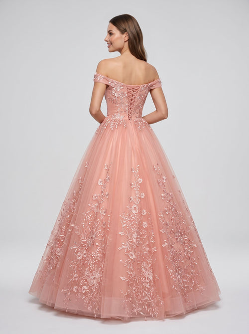 Blush Pink Tulle A-Line Off-the-Shoulder Corset Back Floor-Length Dress with Lace Appliques
