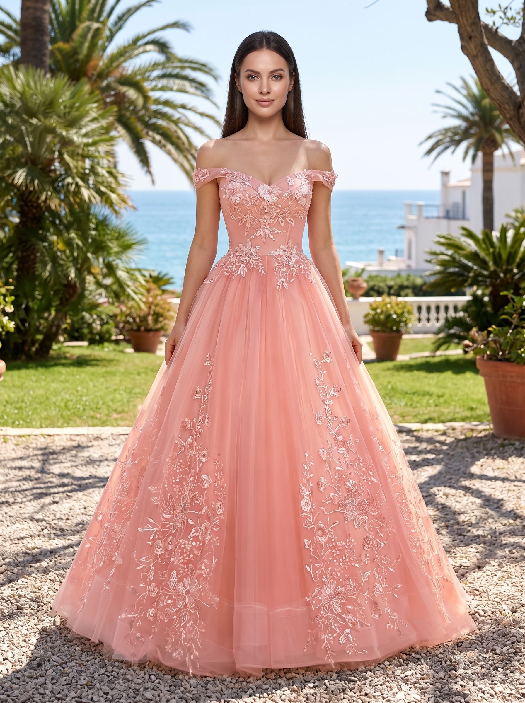 Blush Pink Tulle A-Line Off-the-Shoulder Corset Back Floor-Length Dress with Lace Appliques