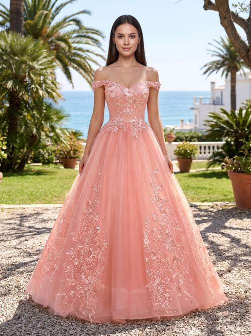 Blush Pink Tulle A-Line Off-the-Shoulder Corset Back Floor-Length Dress with Lace Appliques