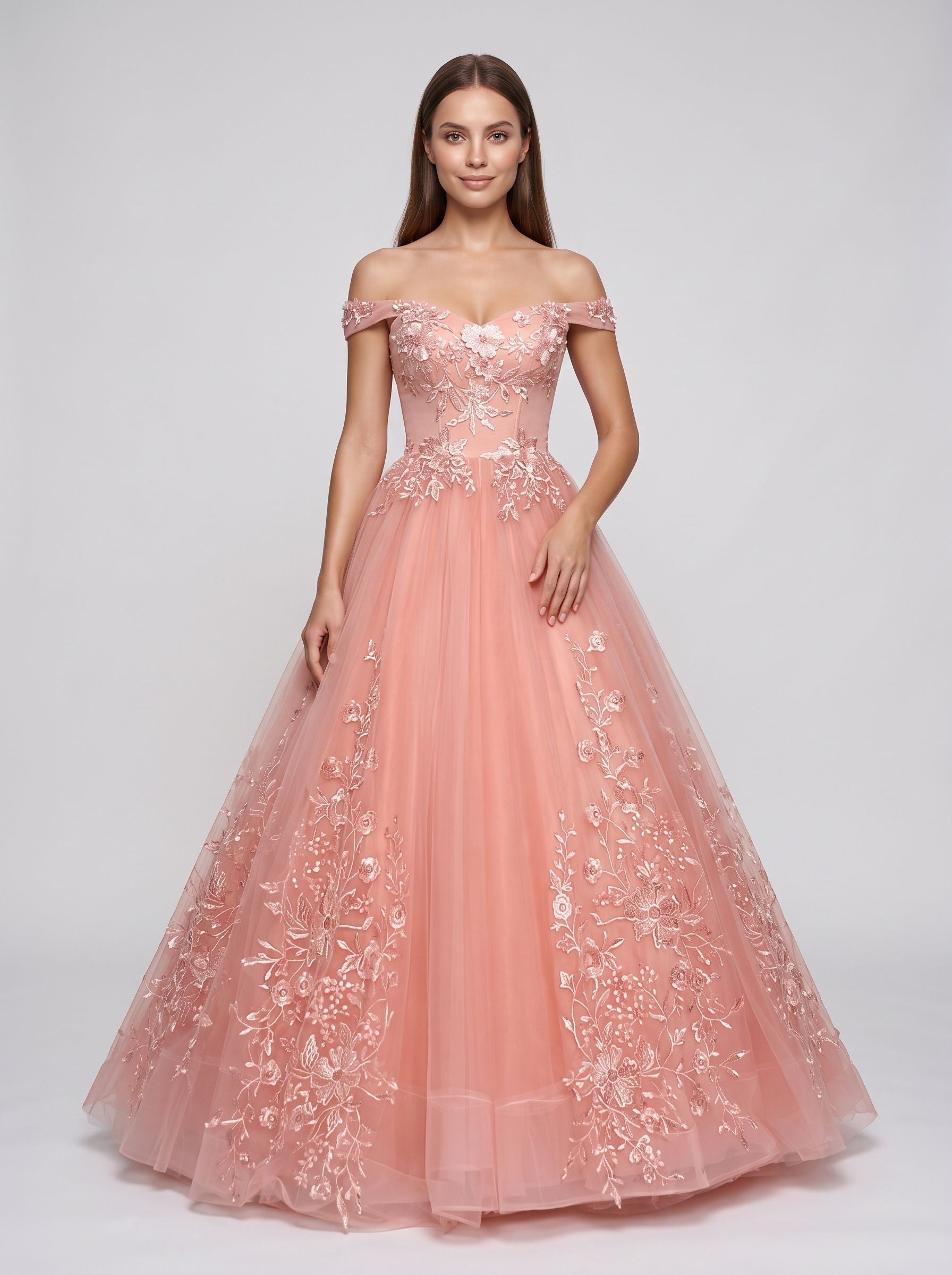 Blush Pink Tulle A-Line Off-the-Shoulder Corset Back Floor-Length Dress with Lace Appliques