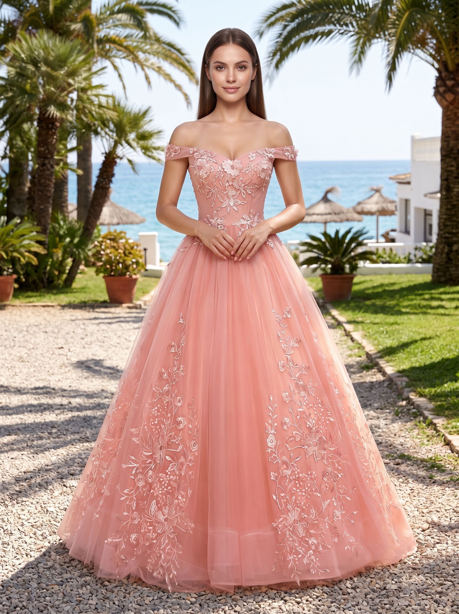 Blush Pink Tulle A-Line Off-the-Shoulder Corset Back Floor-Length Dress with Lace Appliques