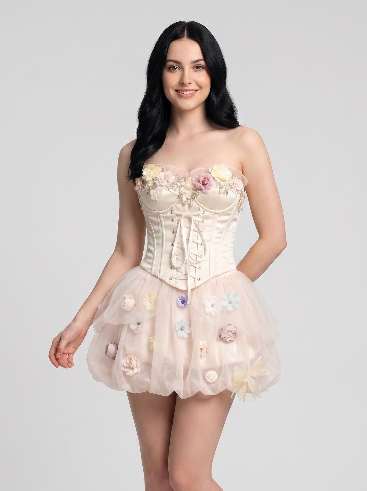 Ivory Tulle A-Line Sweetheart Corset Back Short Dress with 3D Floral Appliques