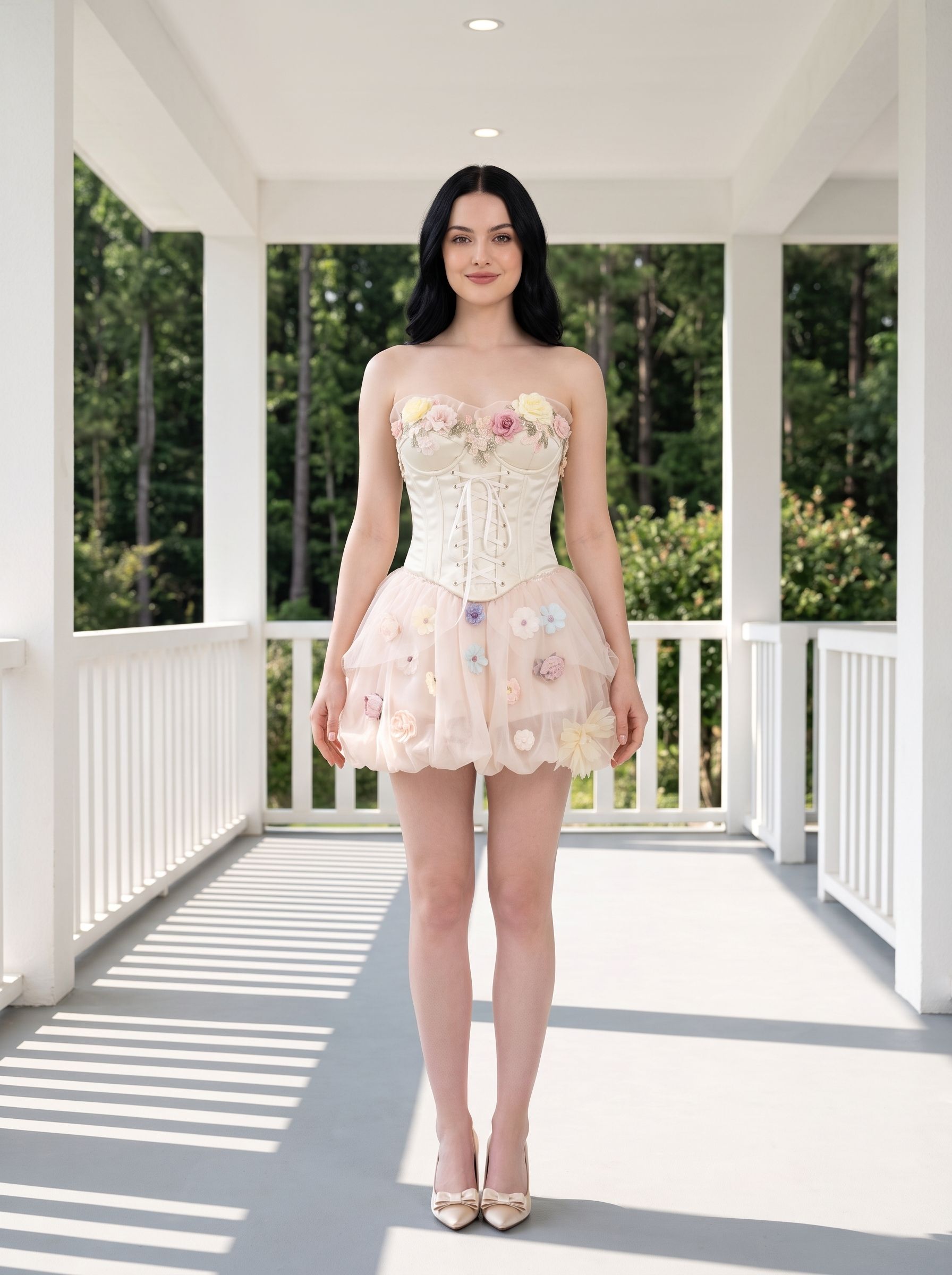 Ivory Tulle A-Line Sweetheart Corset Back Short Dress with 3D Floral Appliques