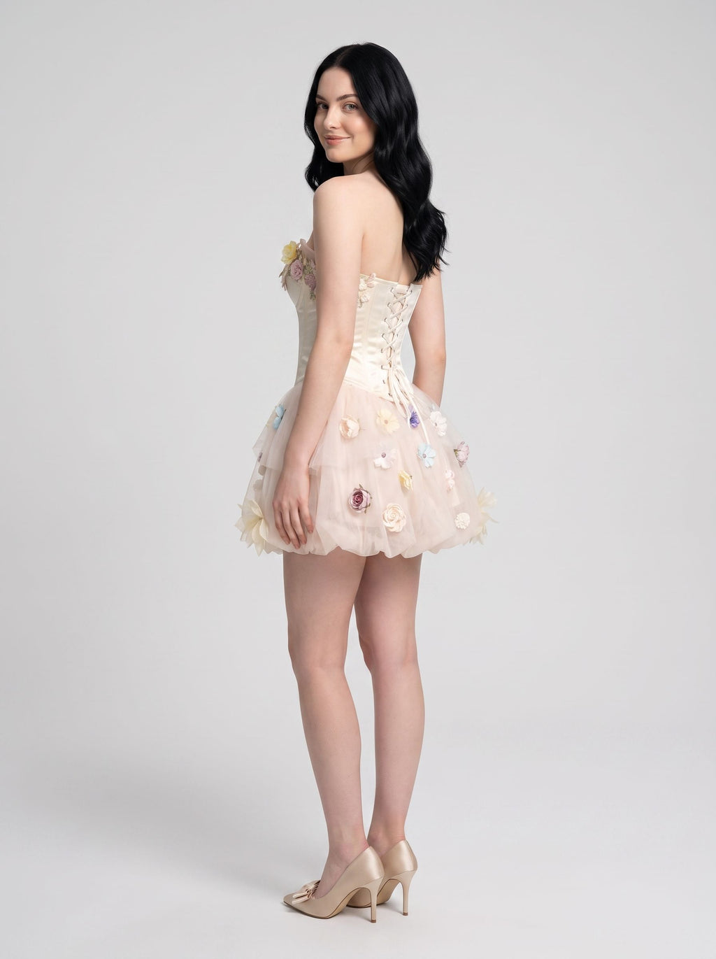 Ivory Tulle A-Line Sweetheart Corset Back Short Dress with 3D Floral Appliques