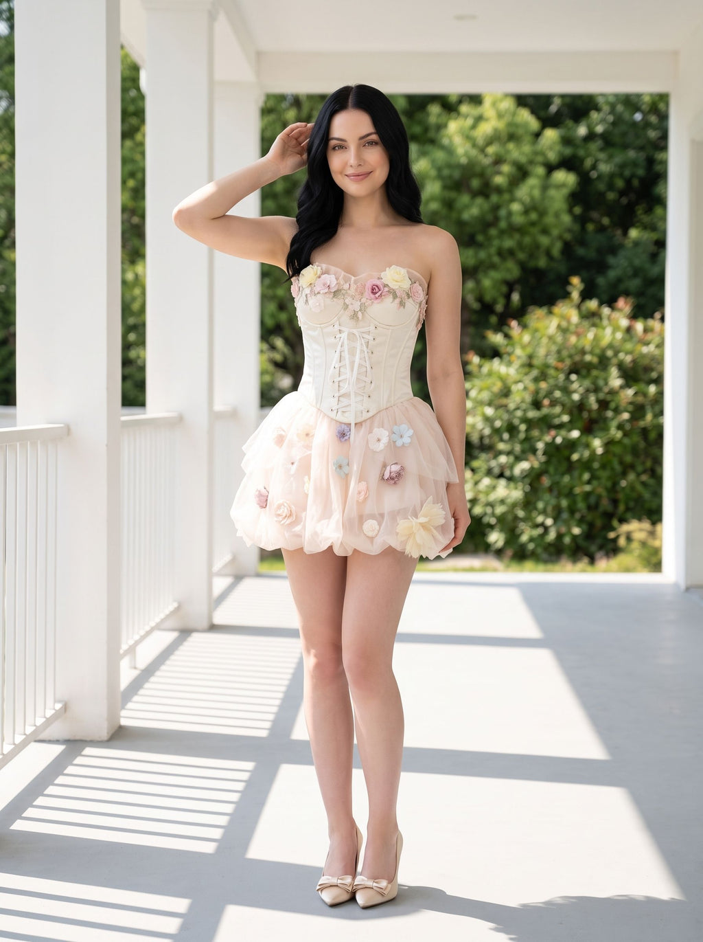 Ivory Tulle A-Line Sweetheart Corset Back Short Dress with 3D Floral Appliques