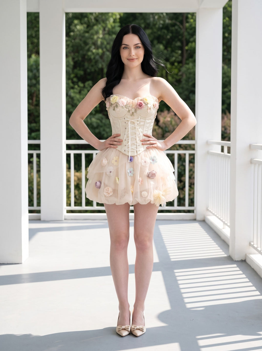 Ivory Tulle A-Line Sweetheart Corset Back Short Dress with 3D Floral Appliques