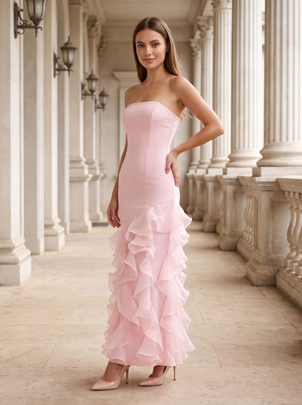 Blushing Pink Satin Sheath Straight Neck Back Zip Floor-Length Dress with Tiered Ruffles