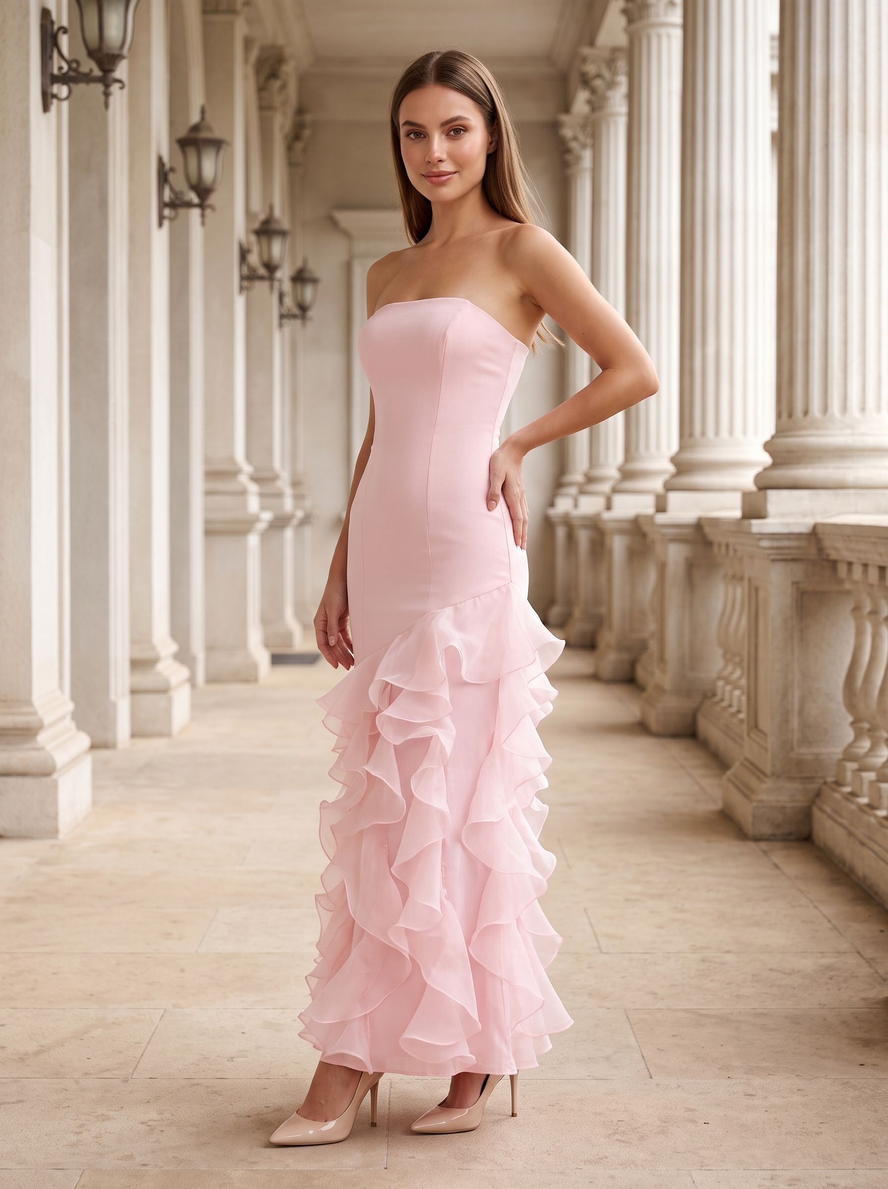 Blushing Pink Satin Sheath Straight Neck Back Zip Floor-Length Dress with Tiered Ruffles