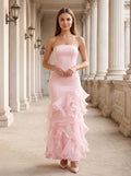 Blushing Pink Satin Sheath Straight Neck Back Zip Floor-Length Dress with Tiered Ruffles