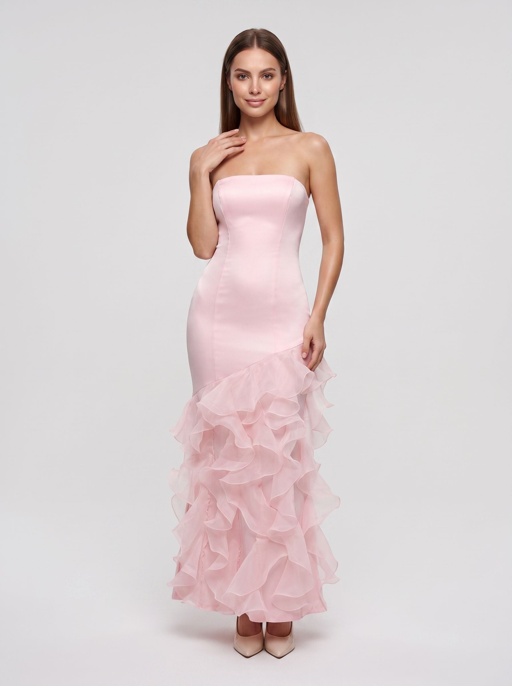 Blushing Pink Satin Sheath Straight Neck Back Zip Floor-Length Dress with Tiered Ruffles
