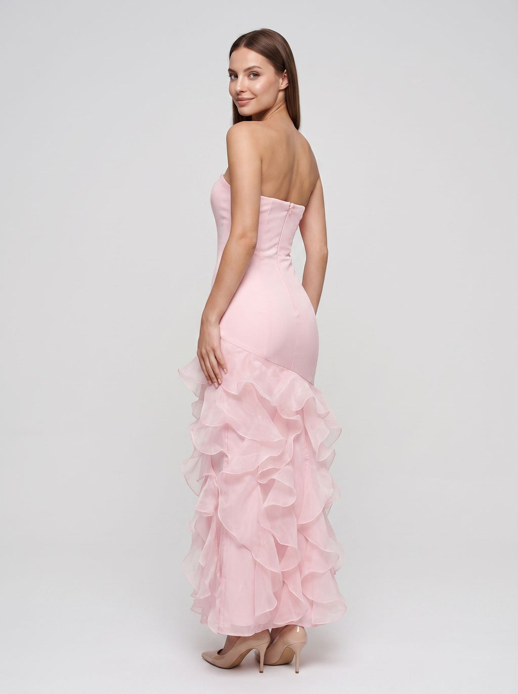Blushing Pink Satin Sheath Straight Neck Back Zip Floor-Length Dress with Tiered Ruffles