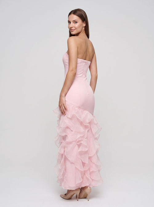 Blushing Pink Satin Sheath Straight Neck Back Zip Floor-Length Dress with Tiered Ruffles