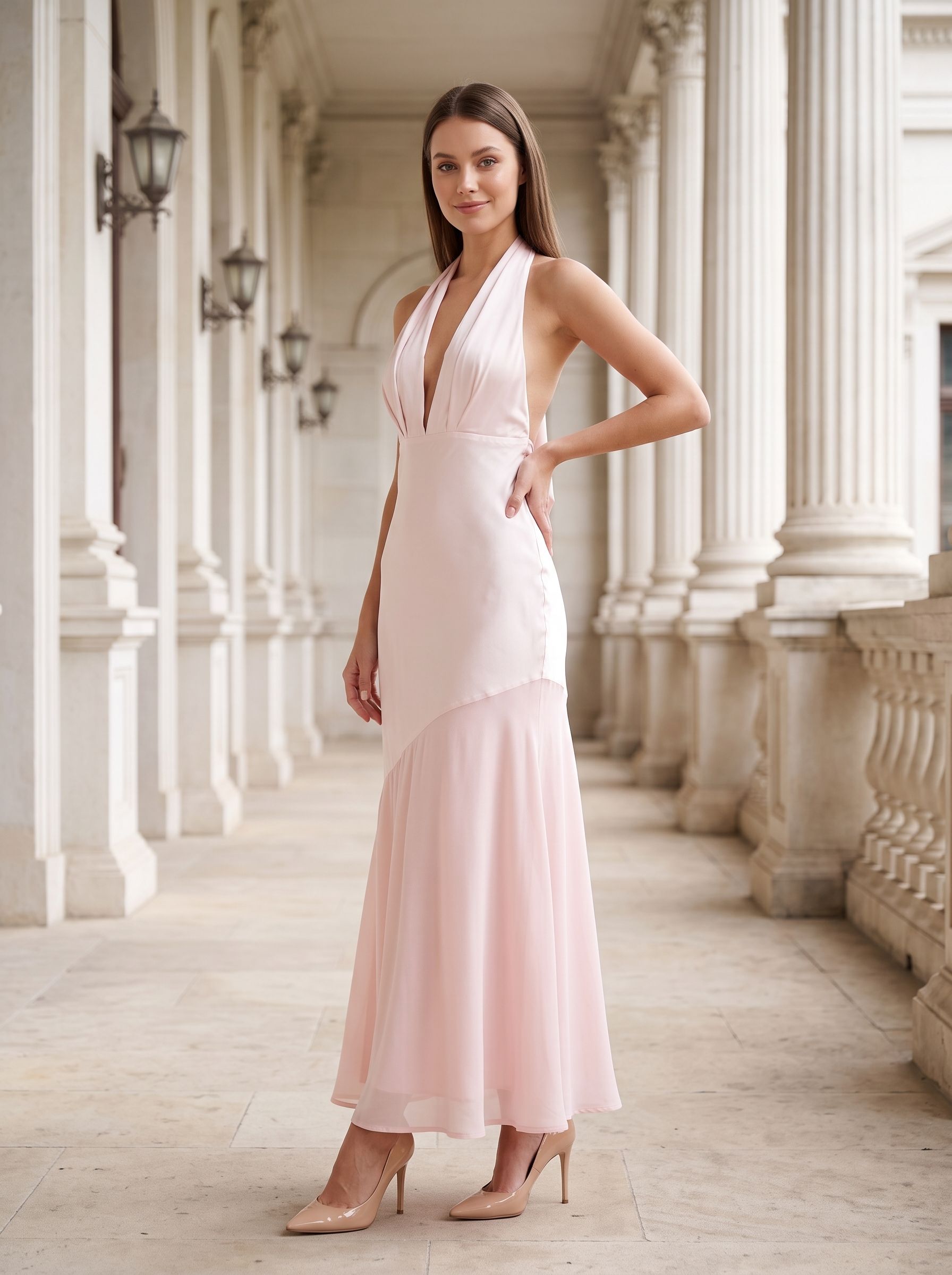  Blushing Pink Satin Column Halter neckline Backless Floor-Length Dress with Tie-neck
