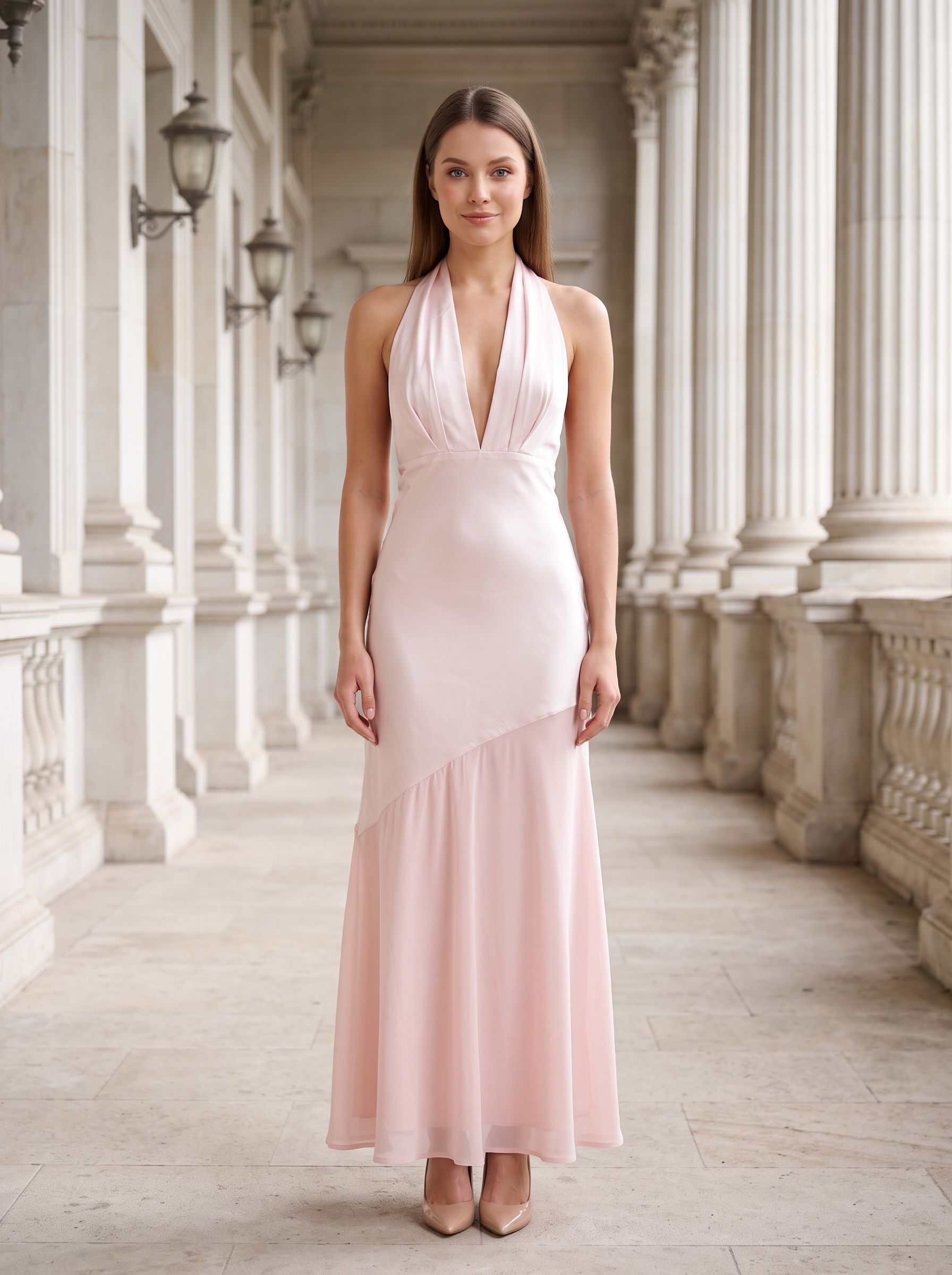  Blushing Pink Satin Column Halter neckline Backless Floor-Length Dress with Tie-neck