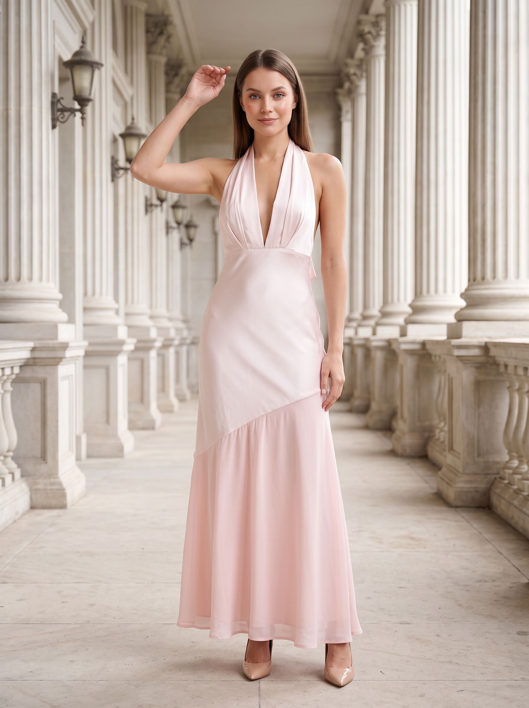  Blushing Pink Satin Column Halter neckline Backless Floor-Length Dress with Tie-neck