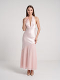  Blushing Pink Satin Column Halter neckline Backless Floor-Length Dress with Tie-neck