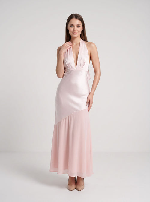  Blushing Pink Satin Column Halter neckline Backless Floor-Length Dress with Tie-neck