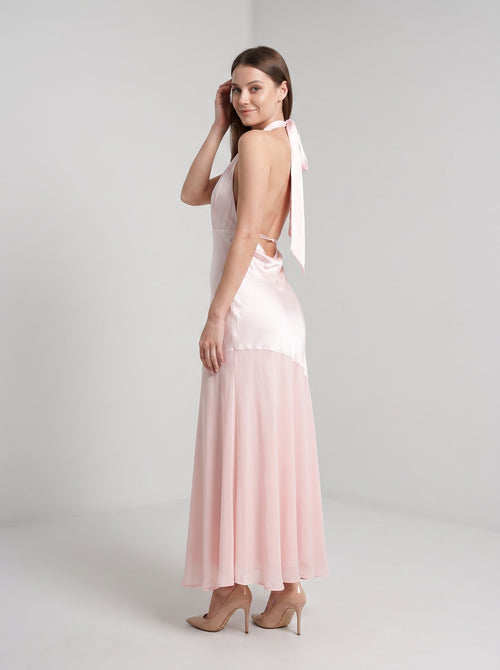  Blushing Pink Satin Column Halter neckline Backless Floor-Length Dress with Tie-neck