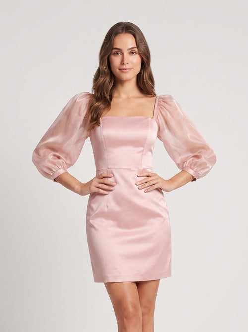 Blushing Pink Satin A-Line Square Neck Back Zip Mini Dress with Puff Sleeves