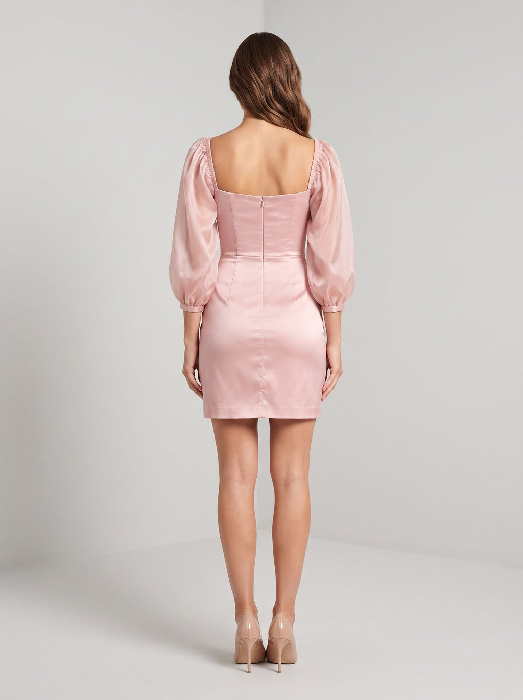 Blushing Pink Satin A-Line Square Neck Back Zip Mini Dress with Puff Sleeves