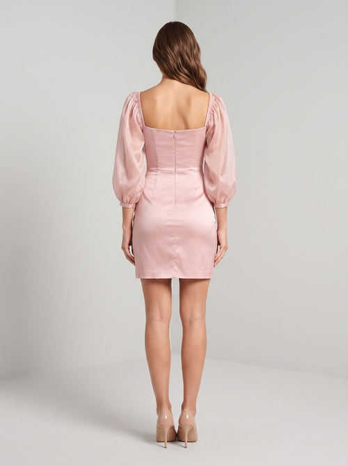 Blushing Pink Satin A-Line Square Neck Back Zip Mini Dress with Puff Sleeves
