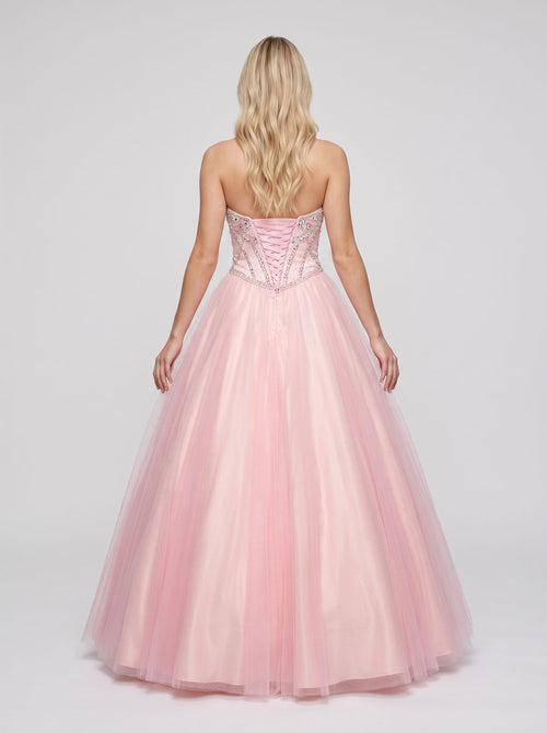 Blushing Pink Tulle A-Line Sweetheart Lace-up Floor-Length Dress with Rhinestone Bust