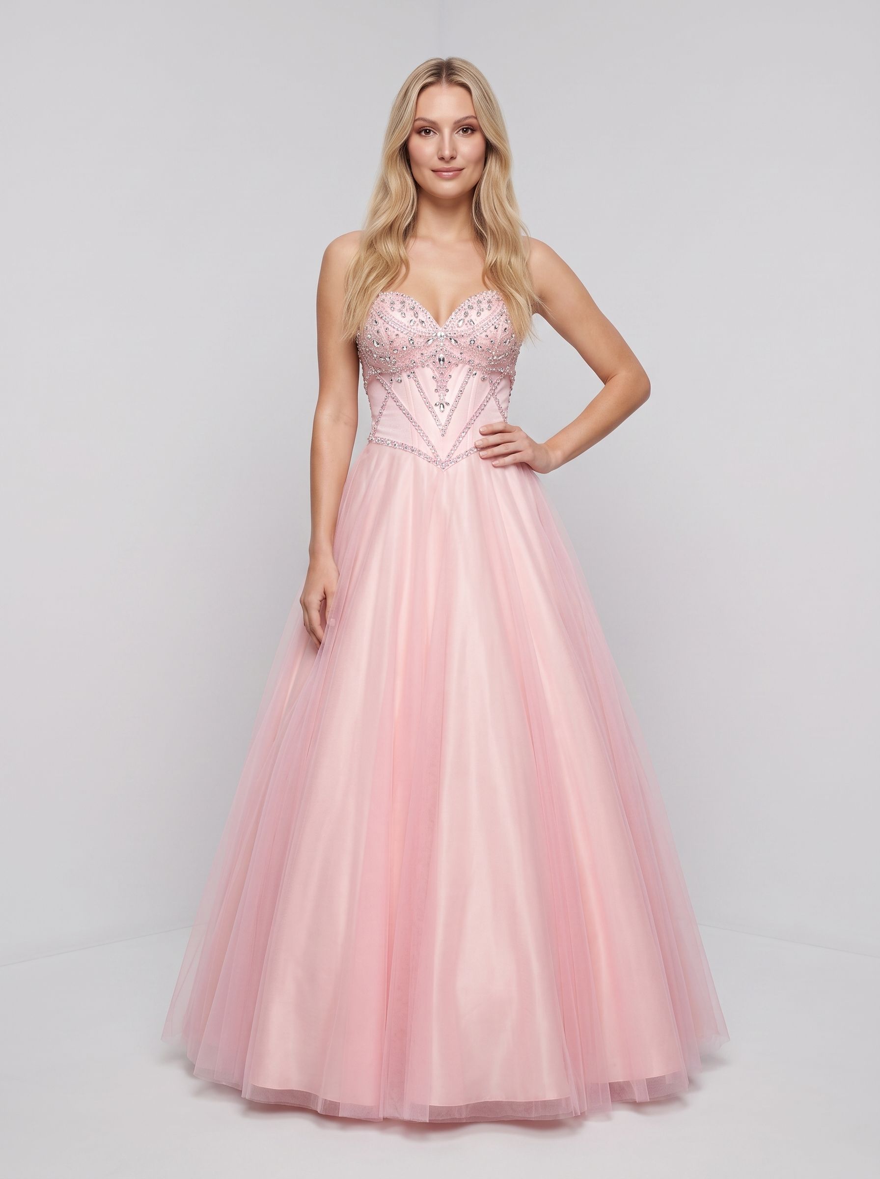Blushing Pink Tulle A-Line Sweetheart Lace-up Floor-Length Dress with Rhinestone Bust