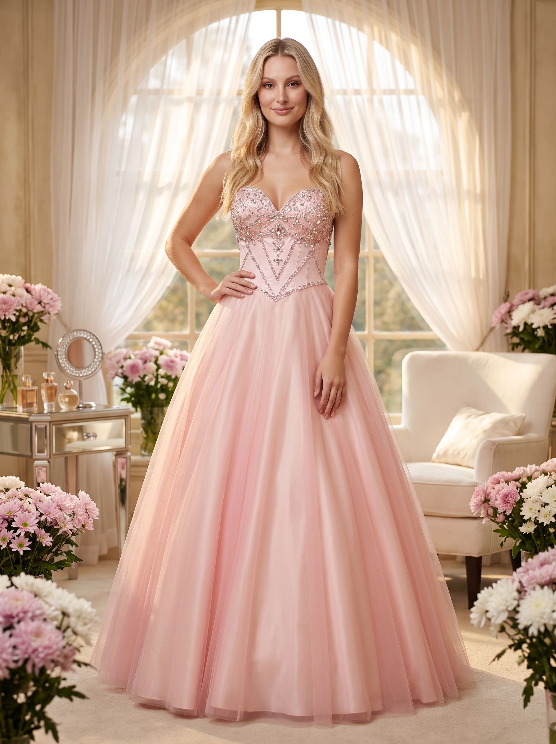 Blushing Pink Tulle A-Line Sweetheart Lace-up Floor-Length Dress with Rhinestone Bust