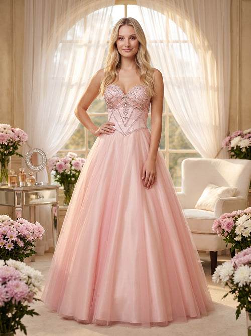 Blushing Pink Tulle A-Line Sweetheart Lace-up Floor-Length Dress with Rhinestone Bust