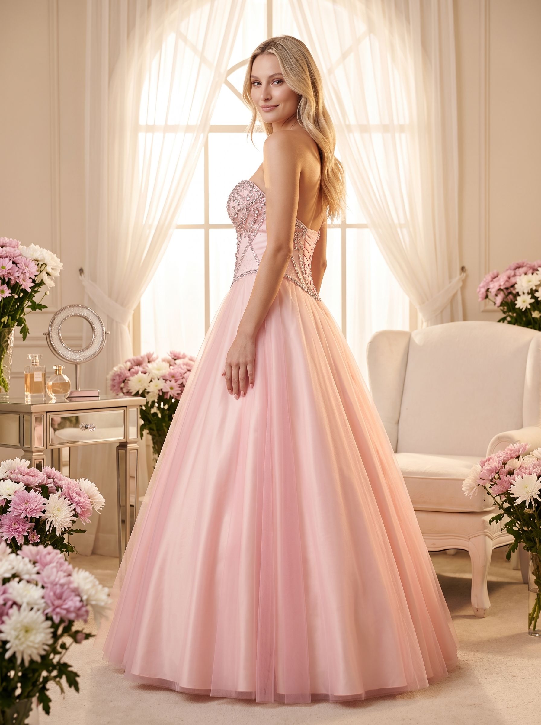 Blushing Pink Tulle A-Line Sweetheart Lace-up Floor-Length Dress with Rhinestone Bust