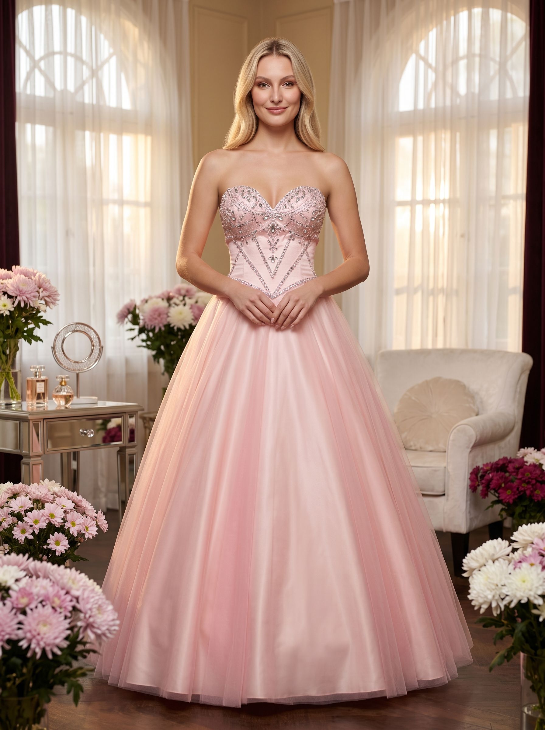 Blushing Pink Tulle A-Line Sweetheart Lace-up Floor-Length Dress with Rhinestone Bust