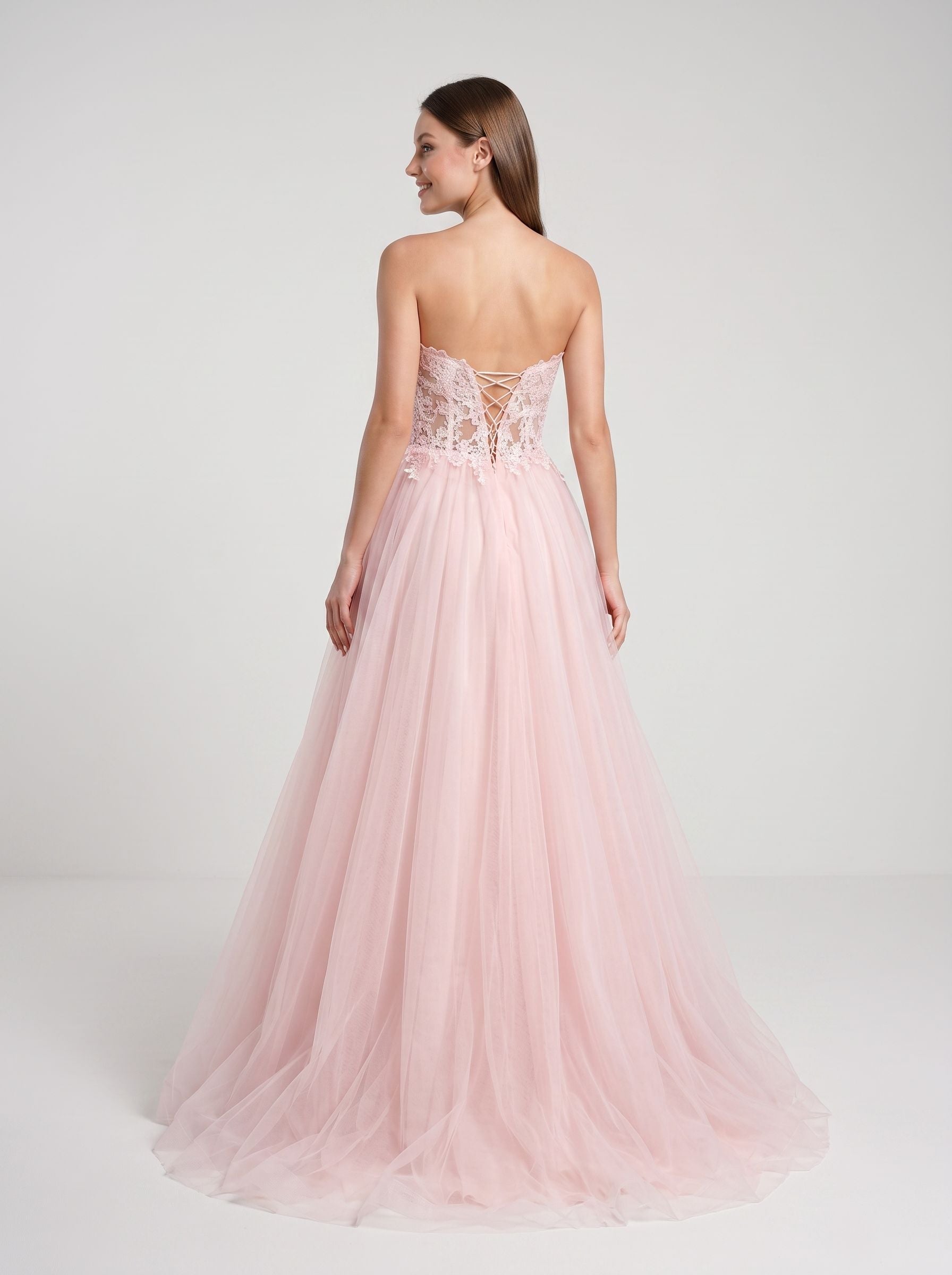 Blushing Pink Tulle A-Line Sweetheart Lace-up Floor-Length Dress with Lace Applique