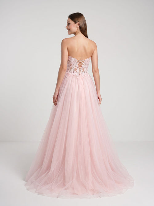 Blushing Pink Tulle A-Line Sweetheart Lace-up Floor-Length Dress with Lace Applique