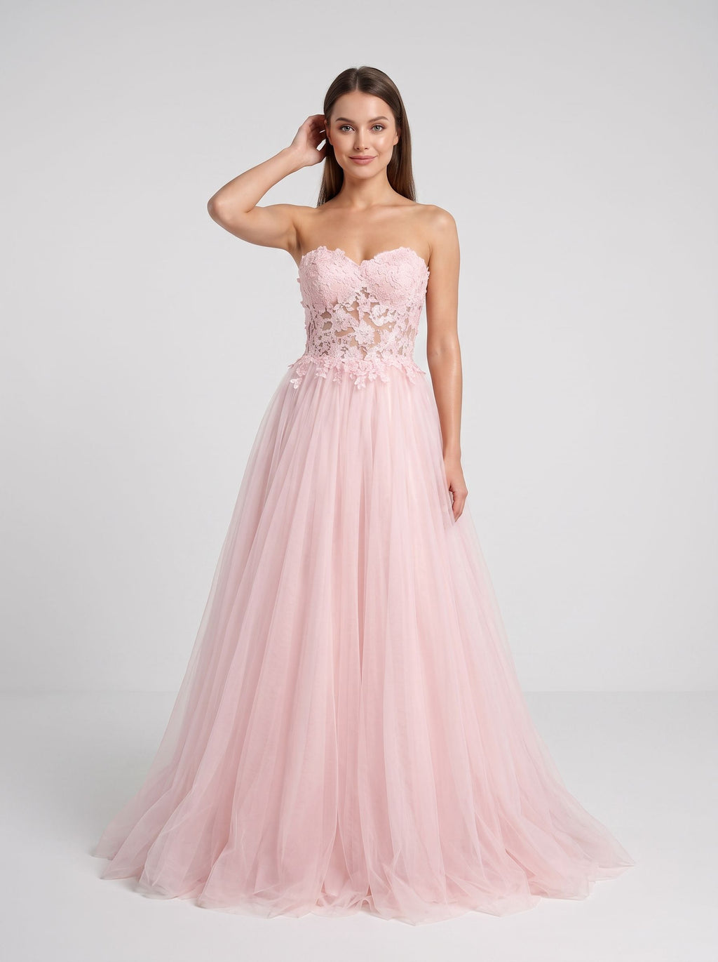 Blushing Pink Tulle A-Line Sweetheart Lace-up Floor-Length Dress with Lace Applique