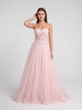 Blushing Pink Tulle A-Line Sweetheart Lace-up Floor-Length Dress with Lace Applique