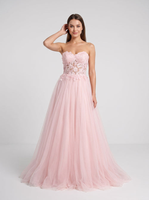 Blushing Pink Tulle A-Line Sweetheart Lace-up Floor-Length Dress with Lace Applique