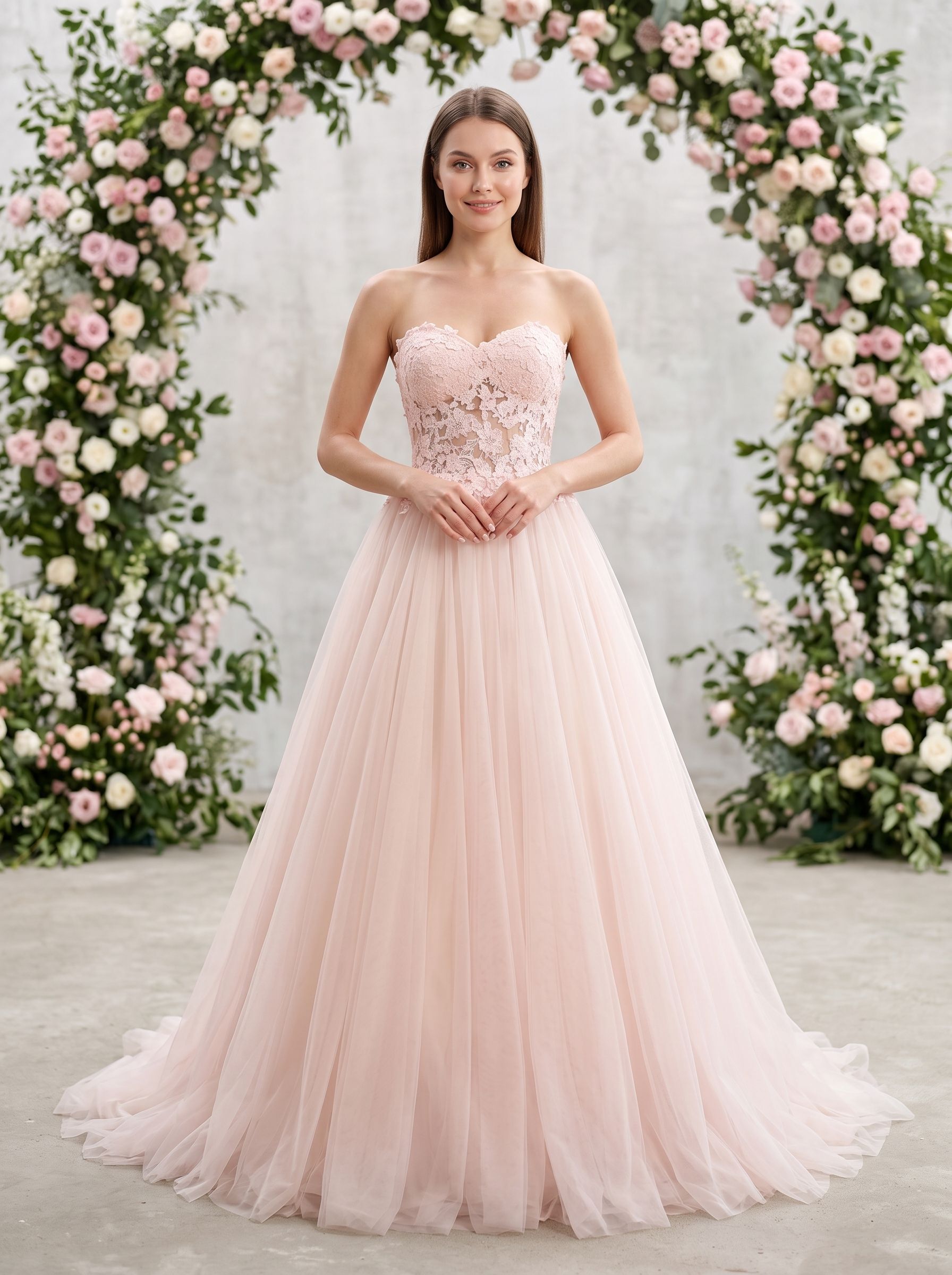 Blushing Pink Tulle A-Line Sweetheart Lace-up Floor-Length Dress with Lace Applique