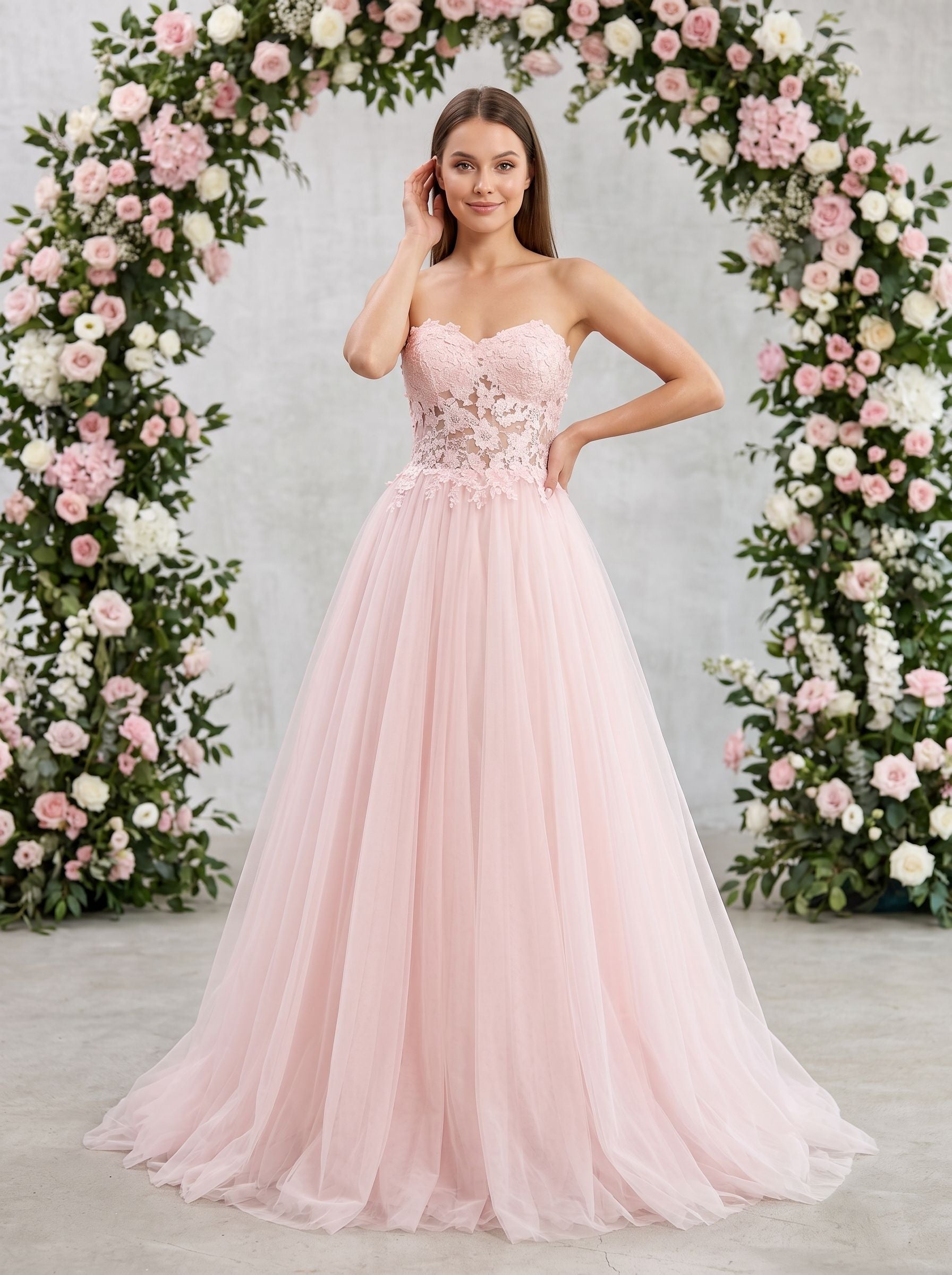 Blushing Pink Tulle A-Line Sweetheart Lace-up Floor-Length Dress with Lace Applique