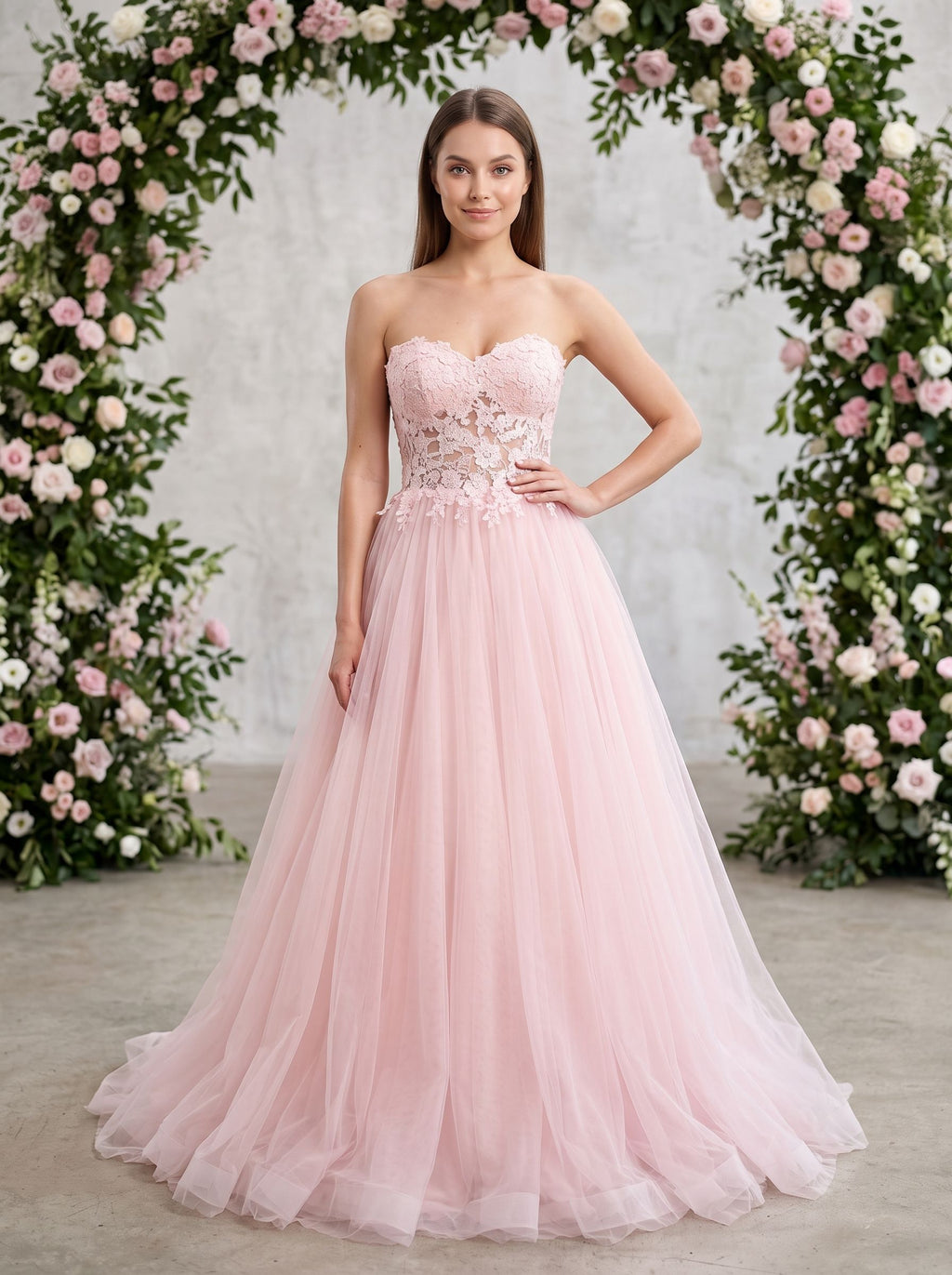 Blushing Pink Tulle A-Line Sweetheart Lace-up Floor-Length Dress with Lace Applique