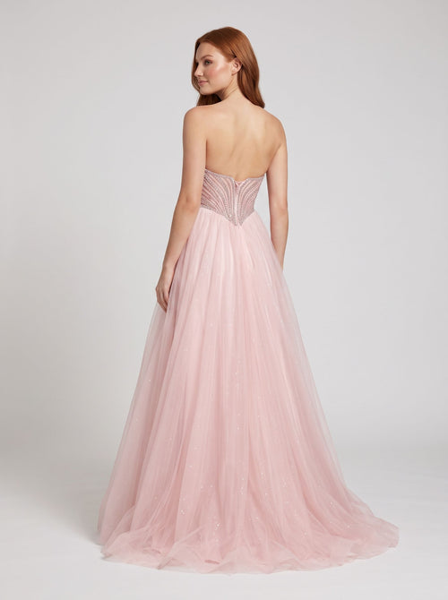 Blush Tulle A-Line Sweetheart Corset Back Floor-Length Dress with Beaded Bodice and Glitter