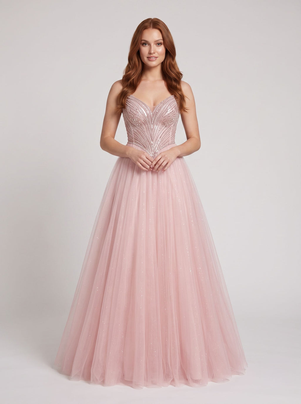 Blush Tulle A-Line Sweetheart Corset Back Floor-Length Dress with Beaded Bodice and Glitter
