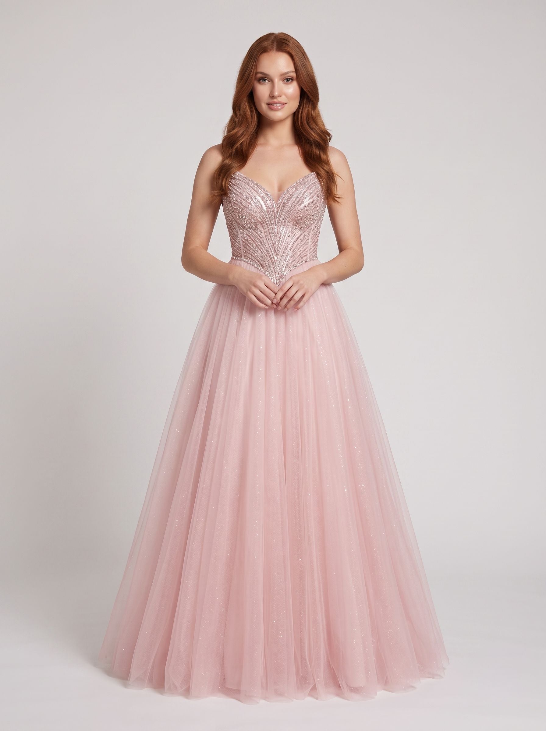 Blush Tulle A-Line Sweetheart Corset Back Floor-Length Dress with Beaded Bodice and Glitter