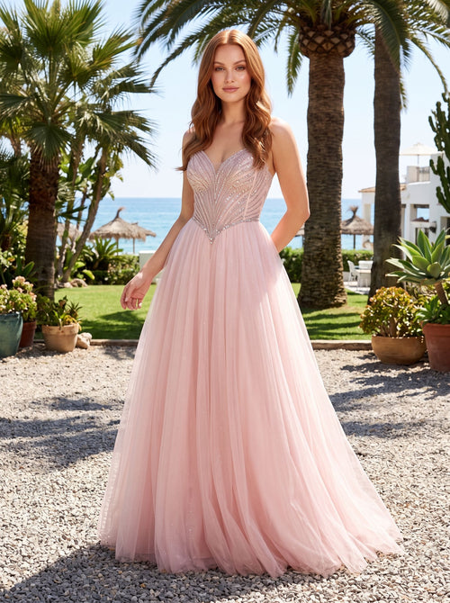 Blush Tulle A-Line Sweetheart Corset Back Floor-Length Dress with Beaded Bodice and Glitter