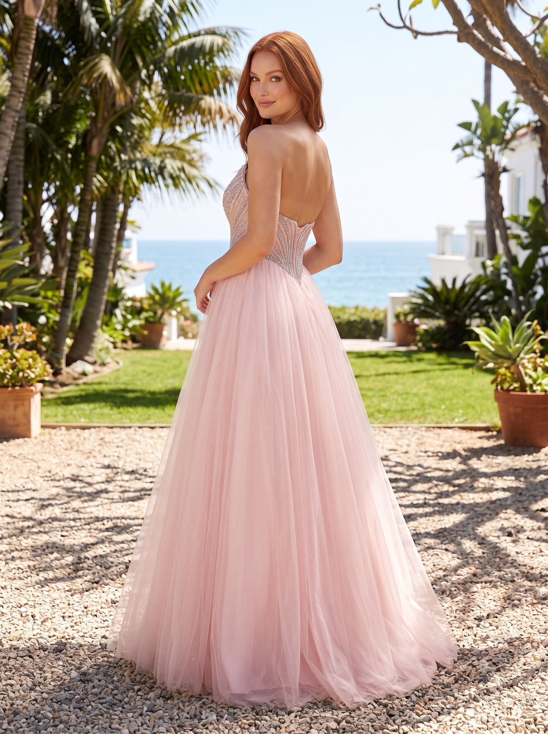 Blush Tulle A-Line Sweetheart Corset Back Floor-Length Dress with Beaded Bodice and Glitter