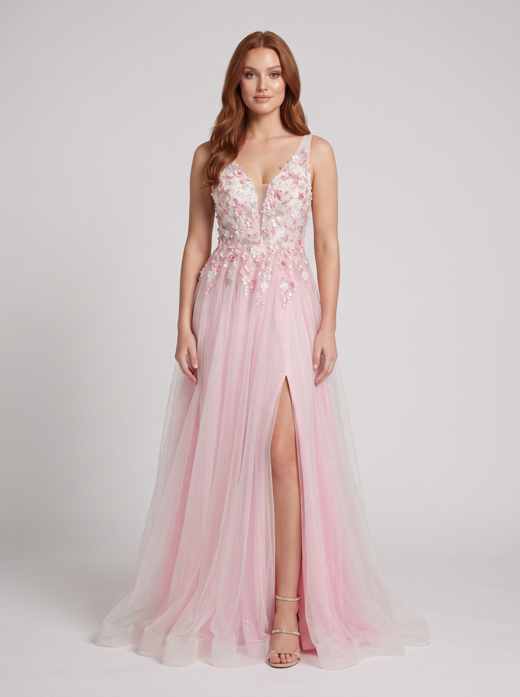 Blush Tulle A-Line V-Neck V-Back Floor-Length Dress with 3D floral appliques