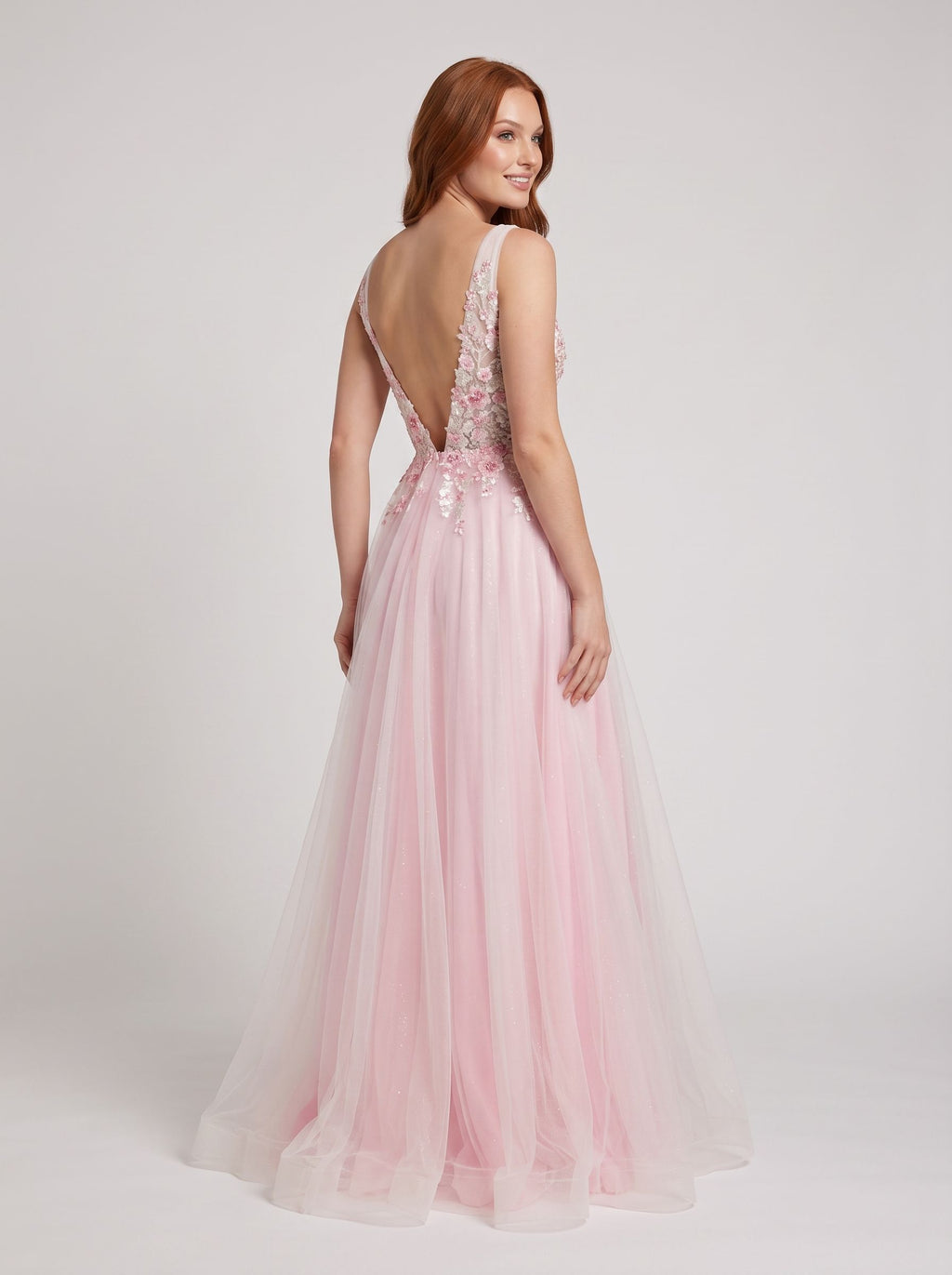 Blush Tulle A-Line V-Neck V-Back Floor-Length Dress with 3D floral appliques