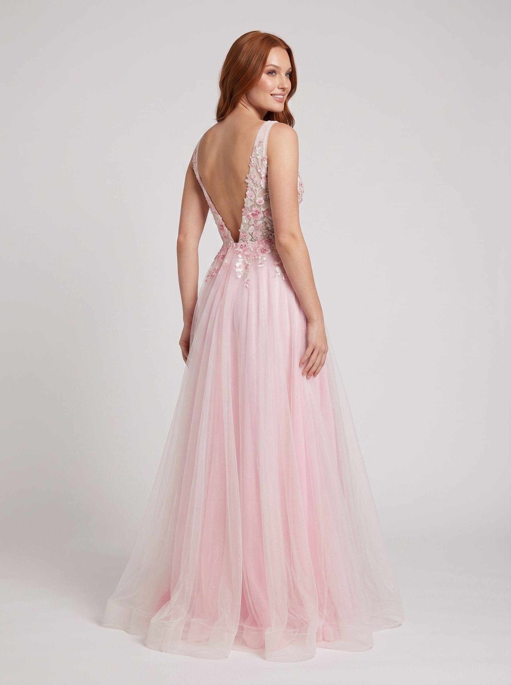 Blush Tulle A-Line V-Neck V-Back Floor-Length Dress with 3D floral appliques