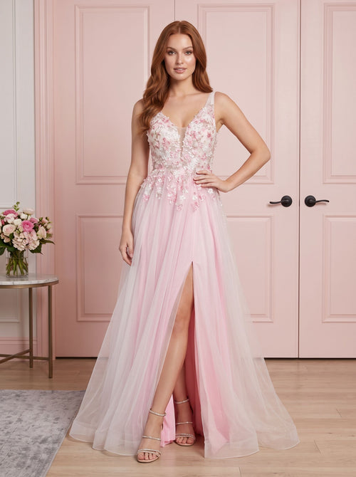 Blush Tulle A-Line V-Neck V-Back Floor-Length Dress with 3D floral appliques