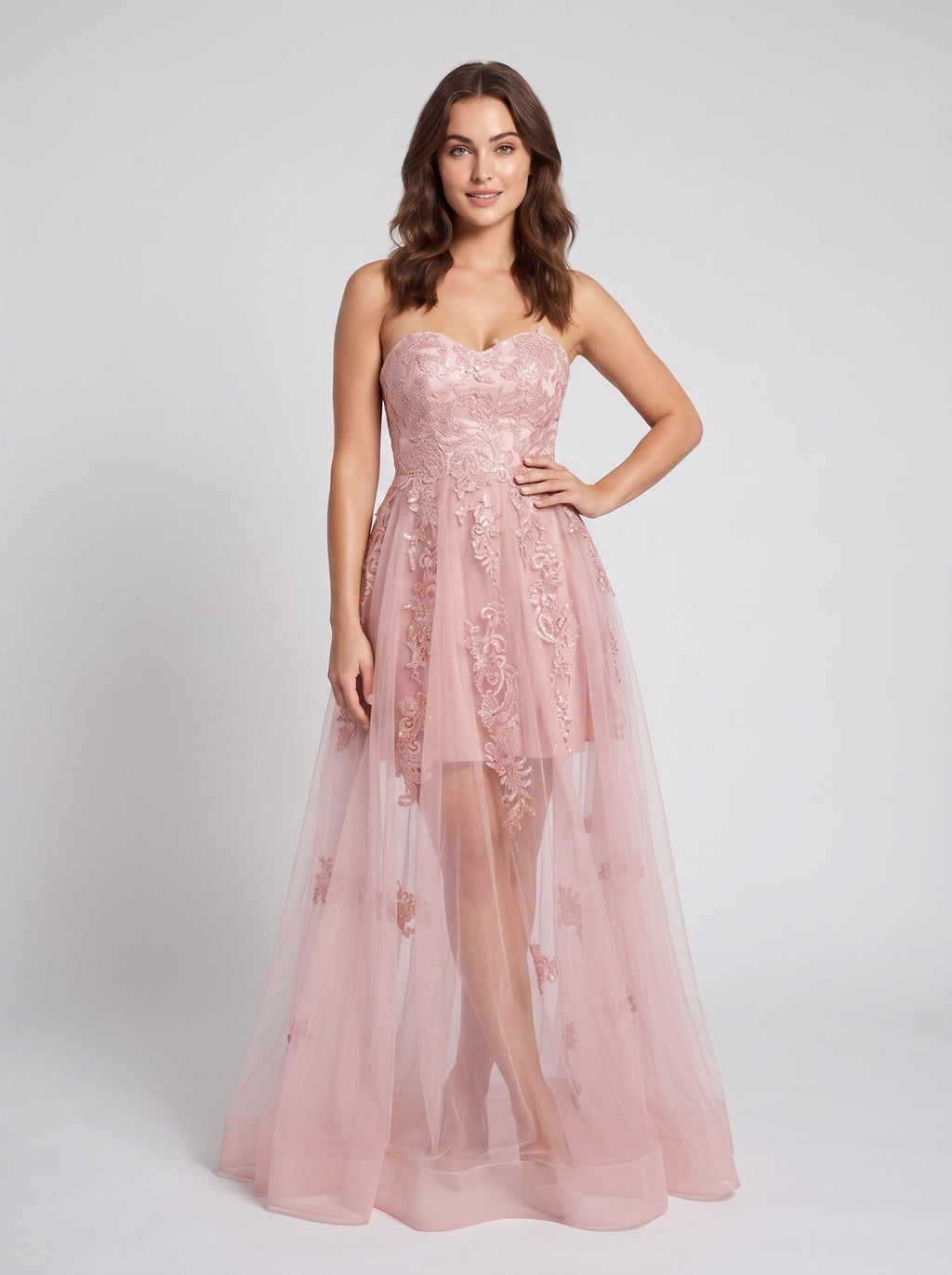 Blushing Pink Tulle A-Line Sweetheart Lace-up Floor-Length Dress with Floral Appliques